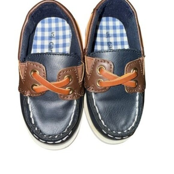 Carters Toddler Boat Shoes Navy / Brown Slip On Loafers Little Boys Size 5 - Picture 2 of 7